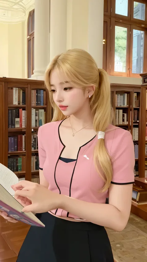 blonde woman reading a book en una biblioteca with a book case, inspirado en Sim Sa-jeong, imagen filtrada, bae suzy, in bowater art style, bibliotecario, parque roseanne de blackpink, en una biblioteca, alumno, Lalisa Manobal, heonhwa choe, jia, Hermosa h...