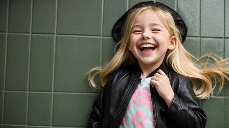 background green tiles, KIDS GIRL BLONDE long hair black jacket, evil crazy laugh,