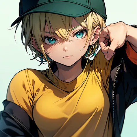 Tetsuya Nomura, masterpiece, highest quality, 1 girl, aqua eye, baseball cap, blonde hair, closed mouth, earrings, green background, have, hoop earrings, jewelry, looking at the viewer, shirt, short hair, simple background, alone, Upper body, yellow shirt 