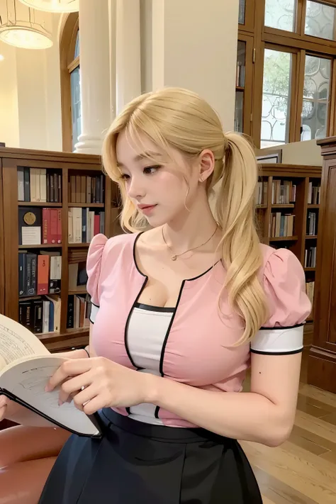 blonde woman reading a book en una biblioteca with a book case, inspirado en Sim Sa-jeong, imagen filtrada, bae suzy, in bowater art style, bibliotecario, parque roseanne de blackpink, en una biblioteca, alumno, Lalisa Manobal, heonhwa choe, jia, Hermosa h...