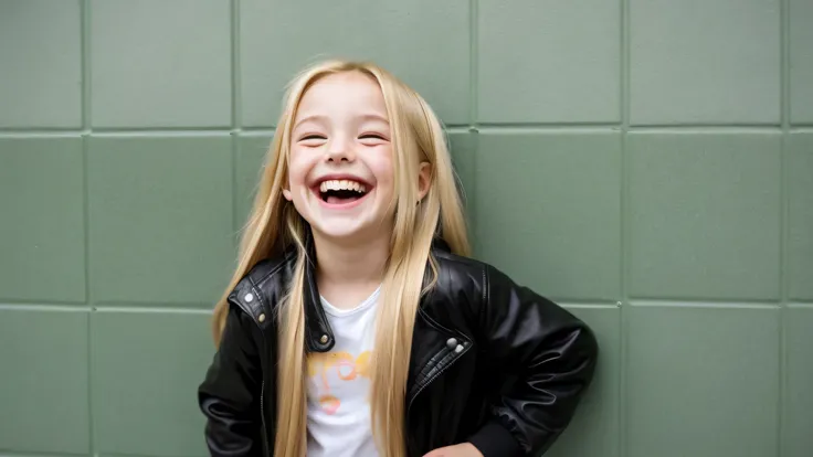 background green tiles, KIDS GIRL BLONDE long hair black jacket, evil crazy laugh,