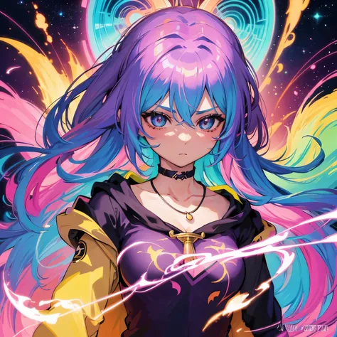 a close up of a woman with colorful hair and a necklace, anime girl with space hair, vibrant loss draw pastel, artwork in the style of Gweiz, fantasy art style, colorful]」, vivid fantasy style, rossdraws cartoon vibrant, cosmic and colorful, Gweiz, colorfu...