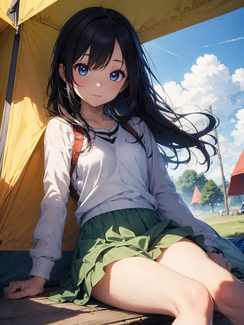 (masterpiece), (highest quality), ((Super detailed beautiful face and eyes)), Bright colors, anime style, young woman, cinematic angle, take a nap at the campsite, Jacket, Loose Skirt, tent, Chii, sun, warm light,