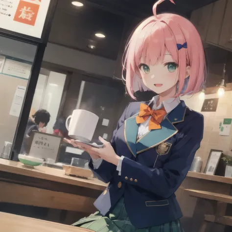 Toyokawa Himeno,やくならmug cupも,pink hair,bob cut,Tajimi City,Gifu,uniform,green pleated skirt,smile,mug cup,Cafe,Dark blue blazer,open mouth,Make eye contact with your audience,one girl,Orange bow tie,Ahoge,brown eyes,high school girl
