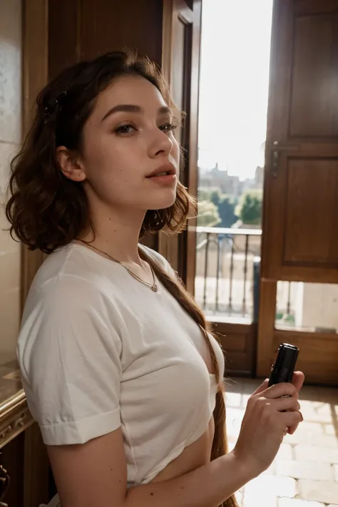 a medium shot of a charismatic young influencer, 23 years old, with sumptuous ginger curly hair, captured in a paris tower eating a mans dick. Professional cinematographic camera, capturing natural light and shadows