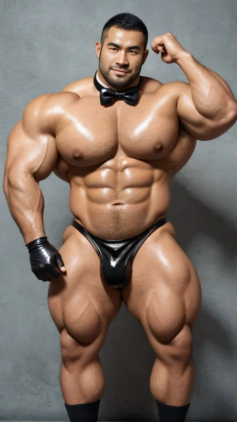 There is only one person in the picture，a chinese bodybuilder，35 years old，High, Strong and handsome，standing in front of gray background board，Paired with glossy black leather bow tie，short hair, O-shaped beard，Perfect body, Dark and shiny complexion，Musc...