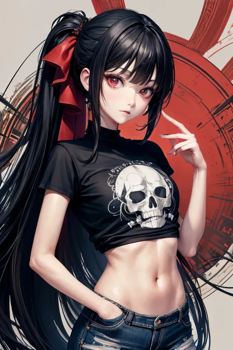 Anime girl with black hair, intricately adorned with red ribbons that are artfully tangled around a black T-shirt featuring a skull design. The girl is wearing fitted jeans that accentuate her slender figure. The setting is not specified, but the image exu...