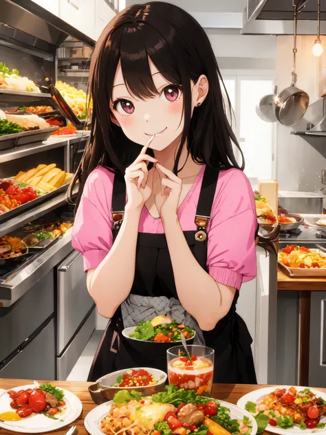 The image of a cute girl who likes pink, exterior々Eat a culinary feast, Pose for the camera with a smile, With cute gestures.