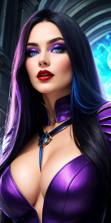 1girl, close up, beautifully evil model, sophisticated sorceress, powerful sorceress, super villainess, hourglass figure, purple dress, symmetrical, highly detailed face, long flowing black hair, mesmerizing blue eyes, lush red lips, coy smile, enticing, a...