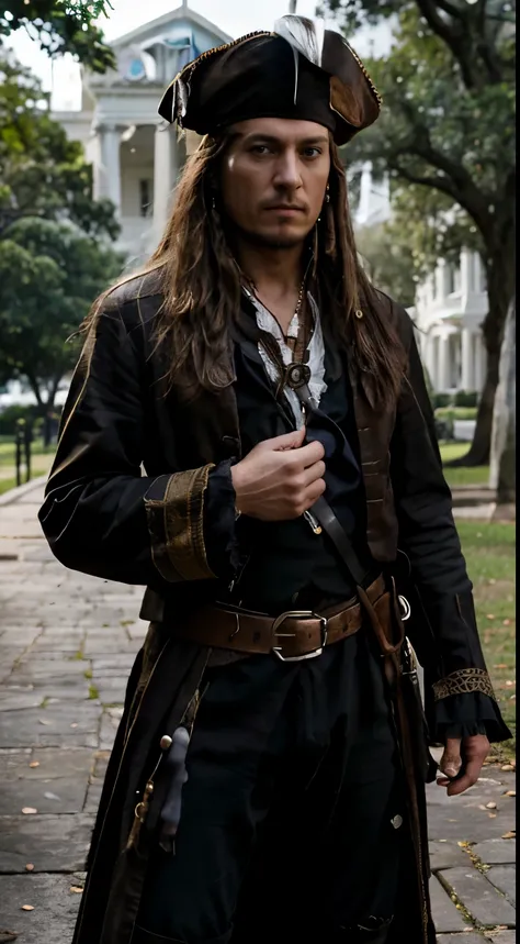 Masterpiece, Highest Quality, Ultra-Detailed, Hyper-Real, Hector Barbossa-Pirates of The Caribbean, Real life, In front of the white house, Perfect Face, FOTO FRONTAL, cinematic lighthing, full body, 