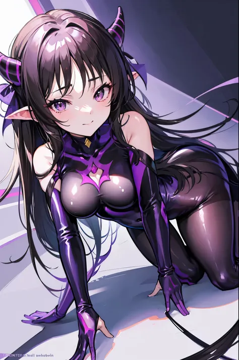 Carefully draw the face　High-quality faces in anime style　super shiny skin　Obscene lines　black leotard　Purple pantyhose　succubus　lure　smile　crawl on all fours