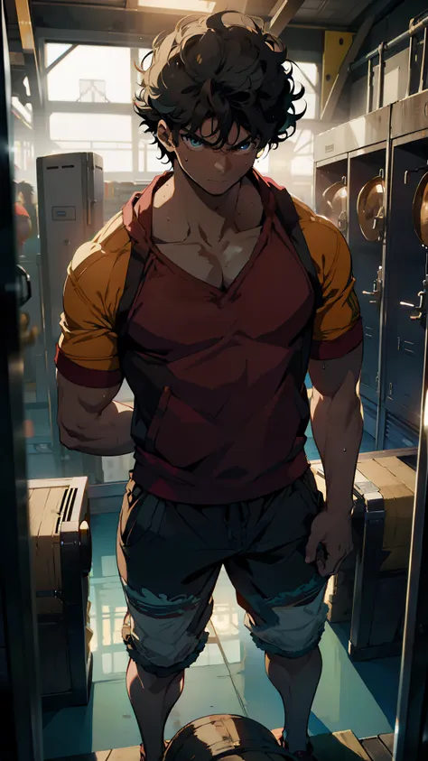 (masterpiece), best quality, expressive eyes, perfect face, 1boy, luffy, one piece, muscular build, bodybuilder, buff, gym locker room, sweating,standing, happy, looking at me, newest