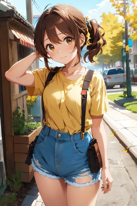 Brown-haired anime girl, radiantly depicted in a serene scene, dons a straightforward yellow T-shirt and lightly distressed denim shorts. The suspenders attached to the shorts add a playful and endearing touch to her outfit. The artists mastery is evident ...