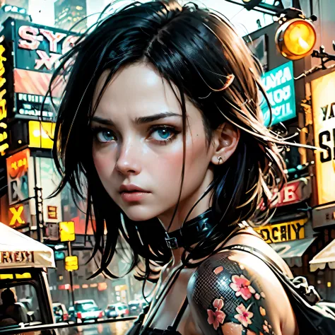 Jeremy Mann, realistic, female, (color), post-production, intricate, (radiosity), dark red eyes, (highest quality), (((neon city background))) , gloomy, depressed, dim, A close-up of a somewhat vicissitudes of a female with a deep expression, deep eyes, se...