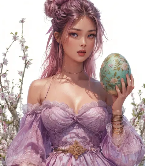 full body, beautiful detailed woman in spring style holding an easter egg in her hands, entire violet dress spring style, long p...