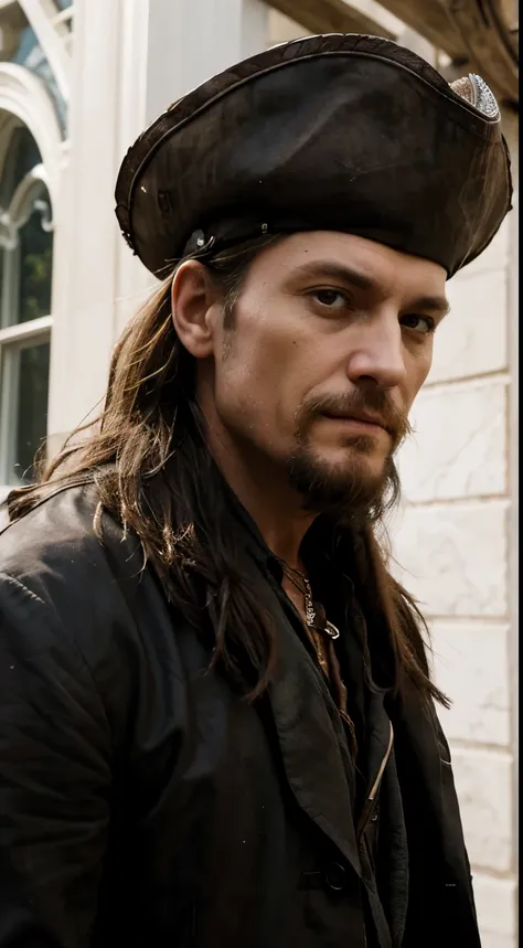 Masterpiece, Highest Quality, Ultra-Detailed, Hyper-Real,Old Hector Barbossa -Pirates of The Caribbean, Real life, In front of the white house, Perfect Face, FOTO FRONTAL, cinematic lighthing, full body, Brown hair pirate hat, Beard