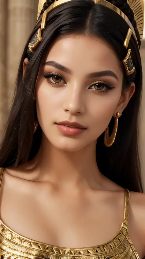 young woman in Egyptian costume standing in a large hall, beautiful Egyptian models, perfect face, unique face, detailed face, fascial pores, perfect eyes, Egyptian eye make-up, Egyptian style eye make-up, dark eye liner Egyptian lines ,dark Egyptian eye l...