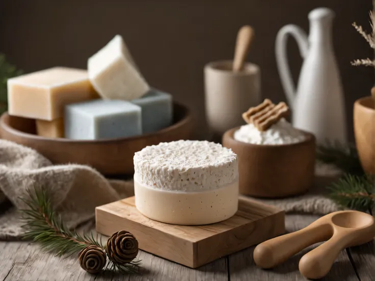 Product photo of craft porous soufflé soap, the porous structure of the soap is visible, the structure of the soap is similar to fine whipped foam, color beige and light brown, stylishly decorated, wooden palette, themed props made of wood and forest, Cano...