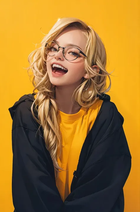 stock image of a blond woman with glasses wearing a hoodie, looking to the left side, is laughing, streetwear, street style real...