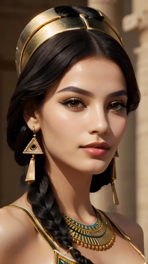 young woman in Egyptian costume standing in a large hall, beautiful Egyptian models, perfect face, unique face, detailed face, detailed fascial pores, slim nose, perfect eyes, Egyptian eye make-up, Egyptian style eye make-up, dark eye liner Egyptian lines ...