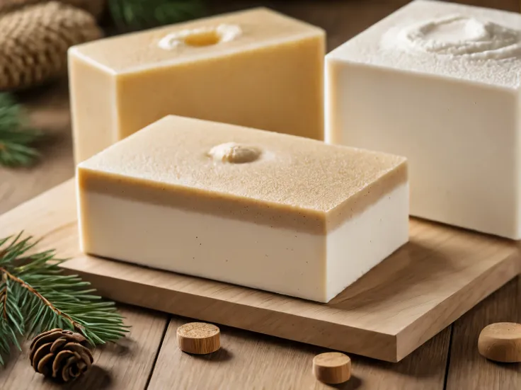 Product photo of craft porous soufflé soap, rectangular parts, the porous structure of the soap is visible, the structure of the soap is similar to fine whipped foam, color beige and light brown, stylishly decorated, wooden palette, themed props made of wo...