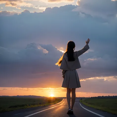 back view，Standing on the road to the horizon，Waving to the sunset