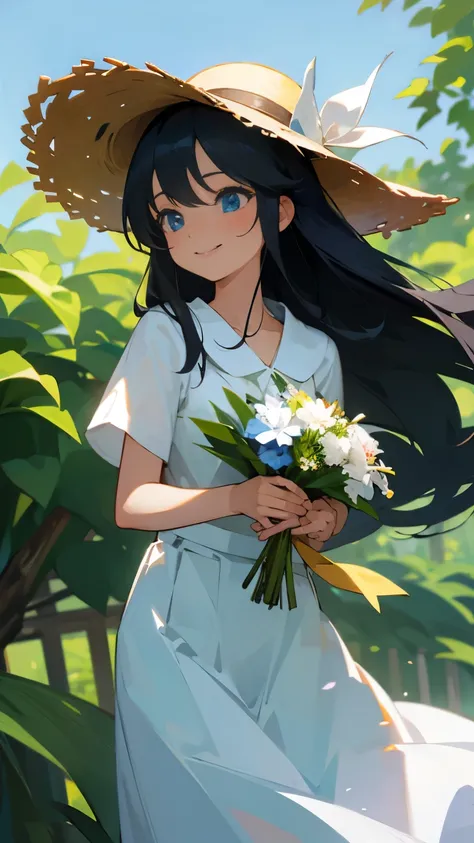 long black hair，blue eyes，Smile，White linen long skirt，grace，girl，straw hat，扶straw hat，Holding a bouquet of flowers in hand