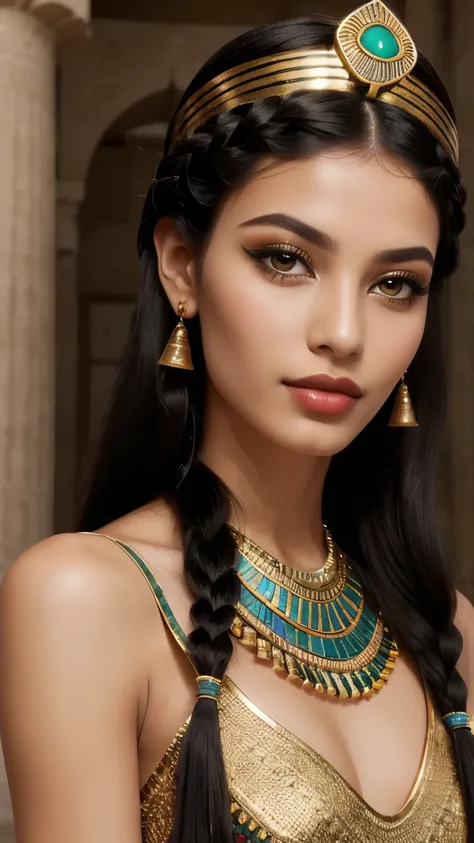 young woman in Egyptian costume standing in a large hall, beautiful Egyptian models, perfect face, unique face, detailed face, detailed fascial pores, slim nose, perfect eyes, Egyptian eye make-up, Egyptian style eye make-up, kohl black and green eye liner...