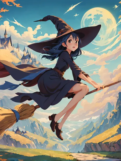 (masterpiece, highest quality:1.2),1 girl,perfect face,cute, ((((flying witch))),((ride a broom)),broom flight,straddling the br...