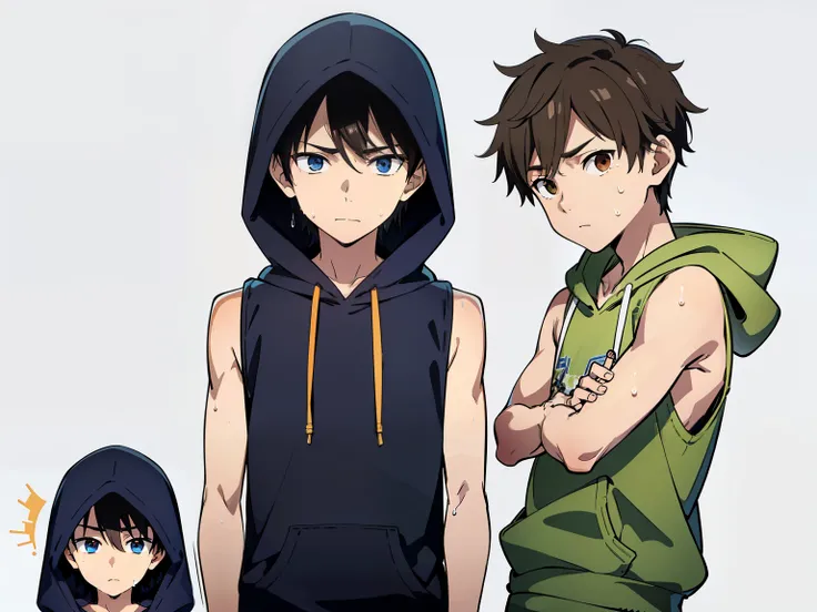 Highres, Masterpiece, Best quality at best,Best Quality,hight quality, hight detailed, (2boys), Shota, Group photo, Sleeveless hoodies, Slim body, Torso, (very young boy), (very small and short body), 12-Year-Old-Boys, hansome, Sweat, Simple beckground