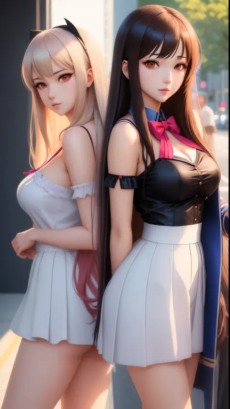 Animated girl posing with two other people in the background, Beautiful anime high school girl, beautiful anime girl, Attractive anime girl, beautiful alluring anime teen, pretty anime girl, Ilya Kuvshinov long hair, Beautiful anime woman, Portrait anime g...