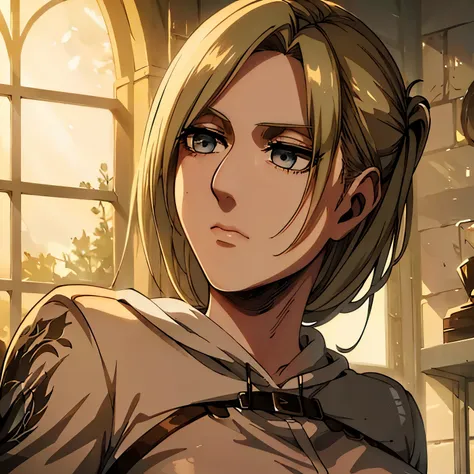 annie leonhart, a character from attack on titan, is the main focus of the artwork. her eyes are beautifully detailed, and her l...