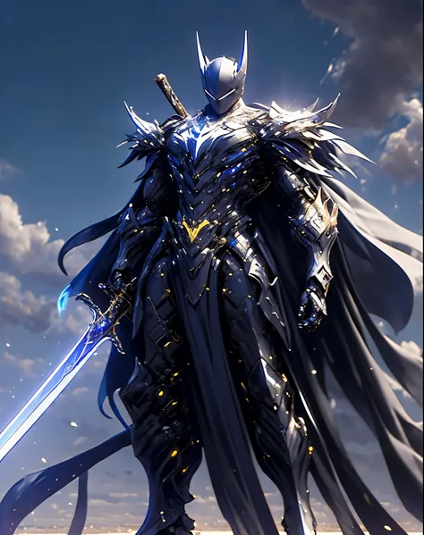 batman in armor with a sword and a cape on his shoulders, intricate assassin mecha armor, elegant smooth silver armor, sleek smo...