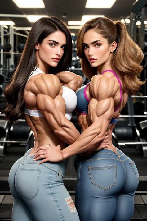 (2 girls body builders:1.6), ((masterpiece)), best quality, ultra-detailed:1.7, finely detail, high resolution:1.6, perfect dynamic composition, beautiful detailed faces:1.77, blonde babes:1.88, perfect red lipstick, perfect makeup:1.8, short denim pants ,...