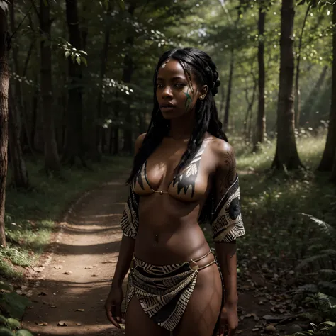 Black and white colour grading of a scene, in which a beautiful african woman dressed in african clothes,only african designed tattoos on her face and hands in green colour, the whole scene in black and white except the leaves and african marks in green, s...