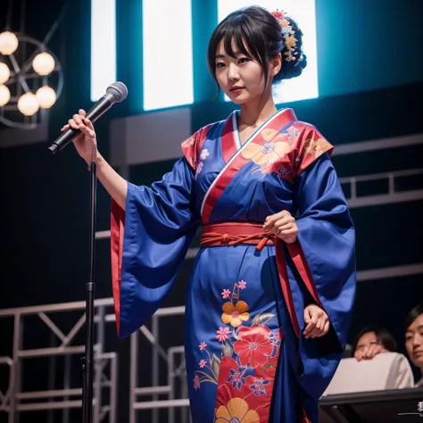 A Japanese woman from 1960 on stage dressed in Angura style, hyper realistic, 8k, vibrant colors, sharp crisp image