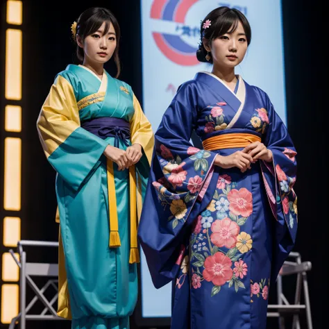 A Japanese woman from 1960 on stage dressed in Angura style, hyper realistic, 8k, vibrant colors, sharp crisp image