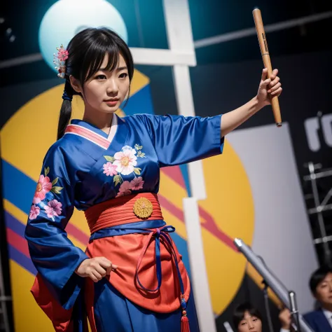 A Japanese woman from 1960 on stage dressed in Angura style, hyper realistic, 8k, vibrant colors, sharp crisp image