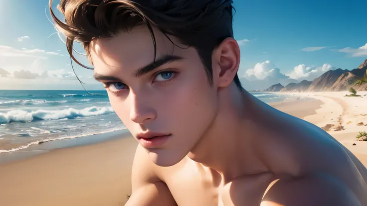 A very detailed photograph of a 15 year old white boy.., Ojos azules, peinado rubio moderno degradado lateral, rostro limpio y sin imperfecciones, Looking in front of the camera, cuerpo definido, cuerpo definido shirtless, elegante, attraction, con mirada ...