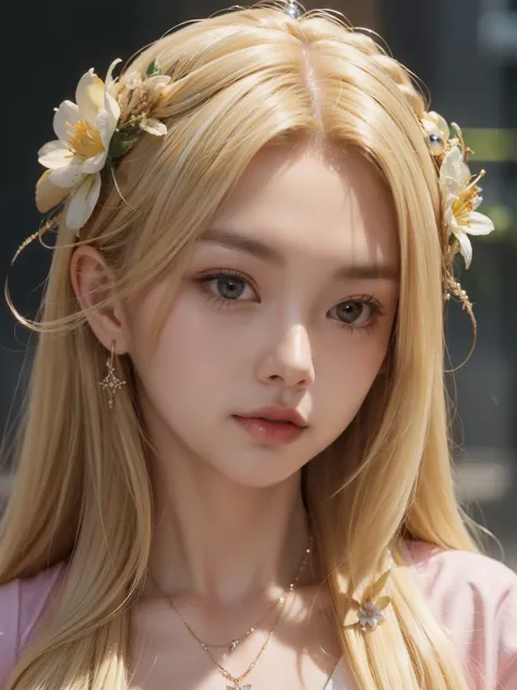 close up of face、blonde hair、semi-long、flower hair ornament、necklace、round face
