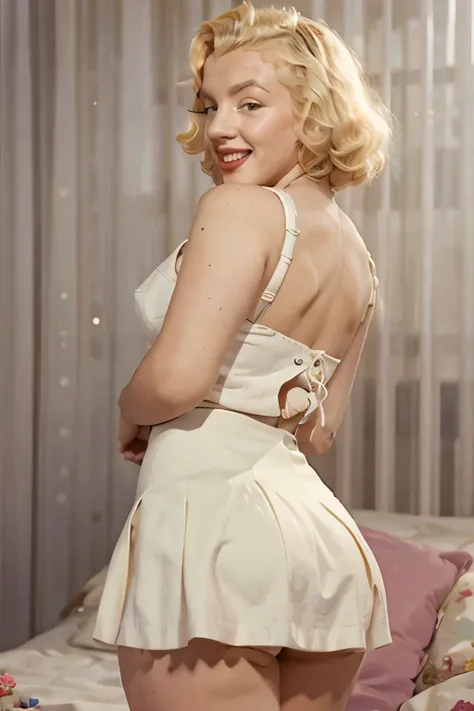 
una joven marilyn monroe, rubio, vestido como un , con una minifalda muy corta, En su espalda, sonriente, mostrando todo su,  Mini falda plisada 