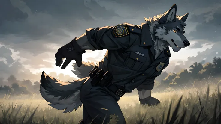 (perfect anatomy),high detail, field,fog,solo,male,wolf,gloves, cold tone, black clothing, police, uniform, detailed face, portr...