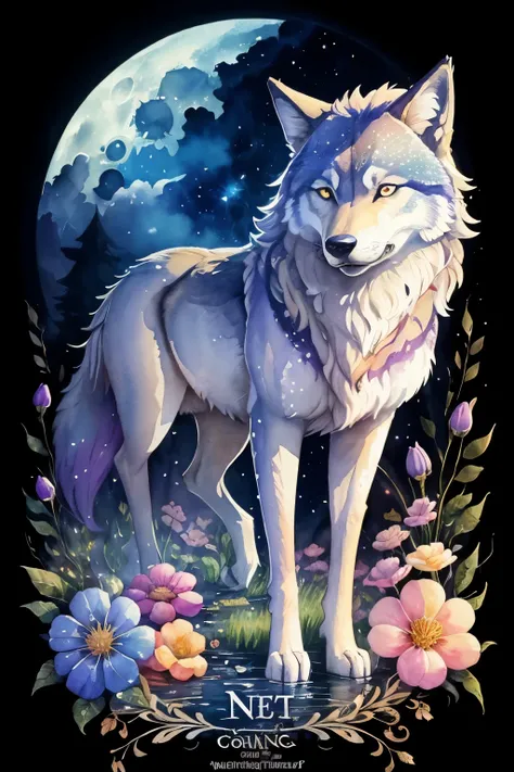 ((animal,watercolor painting,Wolf,Wolf)),cool,beautiful,colorful flower art, front view, action shot, Bright colors, high detail, logo design, Neo-Traditional Tattoo Styles, 2D, planar vector, Character Design, fantasy art, watercolor paintingのテクニック,waterc...