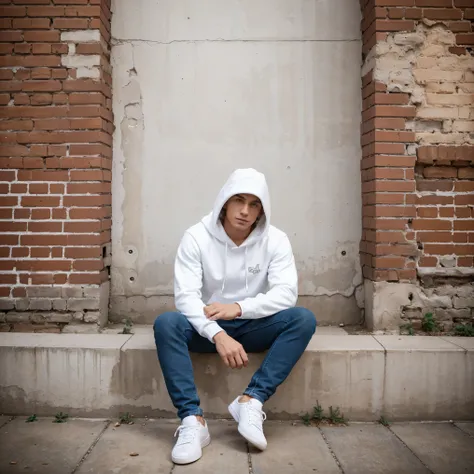 beautiful male, modern brick wall, white sneakers, casual outfit, black hoodie, jeans, posing for picture, photoshoot, natural, white skinned men