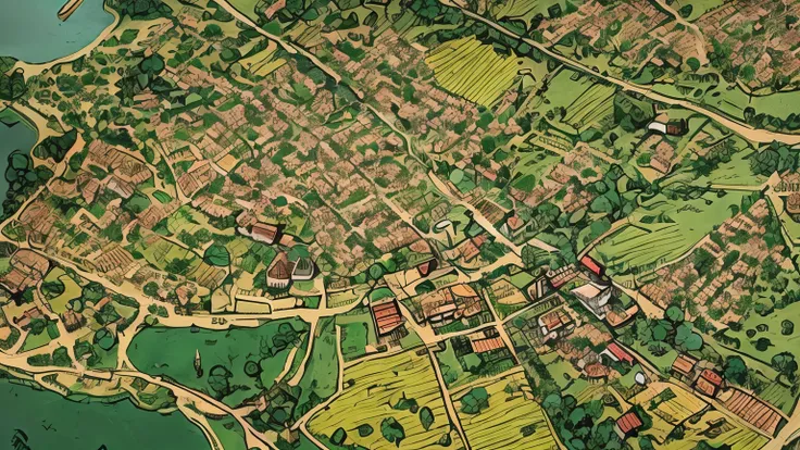 a close up of a map of a town with a river running through it, medieval village on the plains, a small medieval village, medieval map of small town, above a village, medieval village, aerial illustration, by Tomasz Jedruszek, by Tadeusz Pruszkówski, small ...