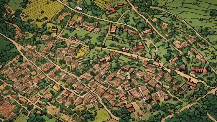 a close up of a map of a town with a river running through it, medieval village on the plains, a small medieval village, medieval map of small town, above a village, medieval village, aerial illustration, by Tomasz Jedruszek, by Tadeusz Pruszkówski, small ...