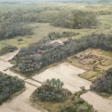 an aerial view of a large building surrounded by trees, medieval village on the plains, a small medieval village, early medieval, by Edward Clark, medieval village, feudal japanese setting, by Artur Tarnowski, hq very detailed, by Tomioka Tessai, by Yun Du...