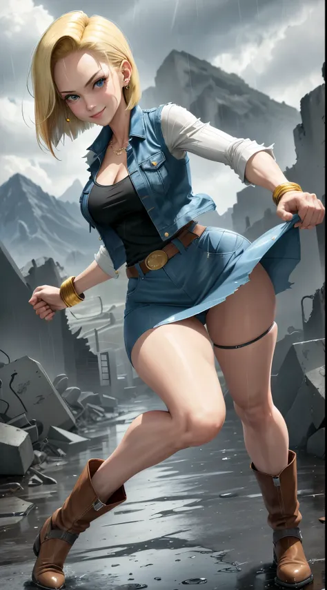 best quality, highres, and18, 1girl, android 18, solo girl, 1girl, blonde hair, blue eyes, belt, boots, tight blue demin skirt, gold necklace, black shirt, short hair, long striped sleeves, earrings, open vest, denim vest, medium breasts, cowboy shot, moun...