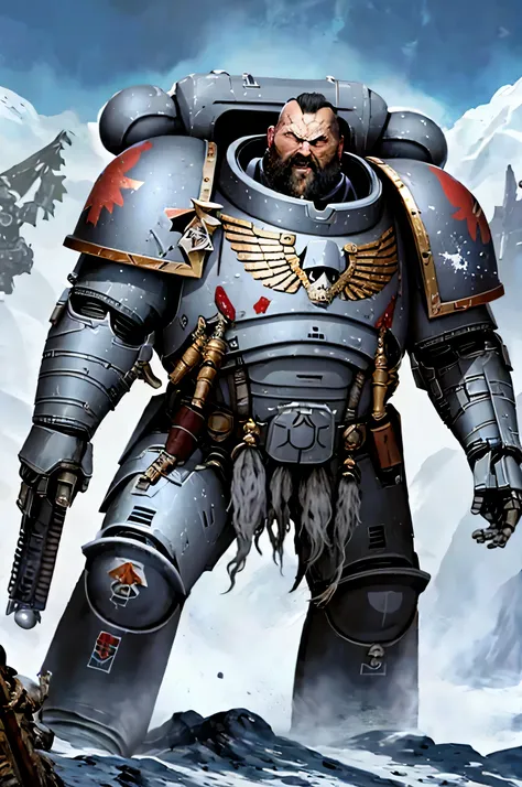 space marine, space wolves, bearded face, massive armor, gray color, battlefield in the background