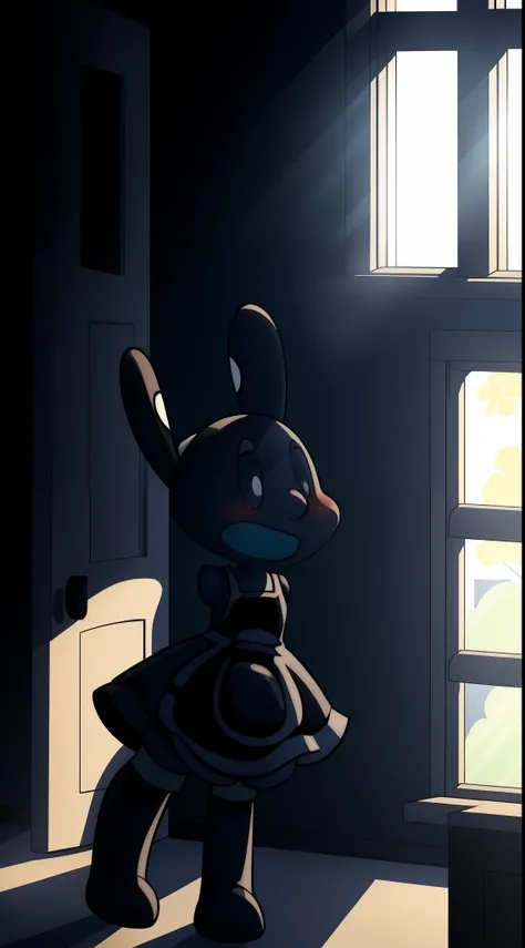 Oswald, armless, missing arms, no arms, black eyes, big and wide mouth, agape, white polka dots on ears, full body, maid dress, shy expression, expressive, blushing harder, dynamic angle, bedroom, window, sunrays, furniture, detailed art, intricate details